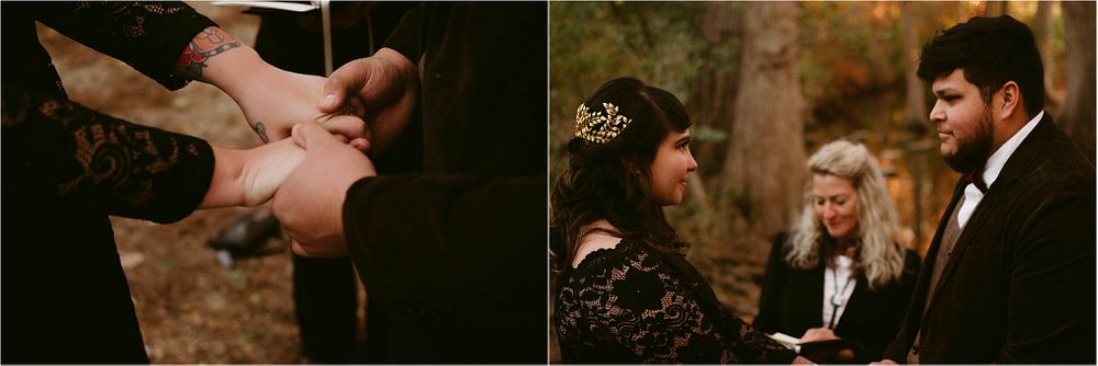 An intimate wedding ceremony moment captured in the woods with autumn colors in the background.