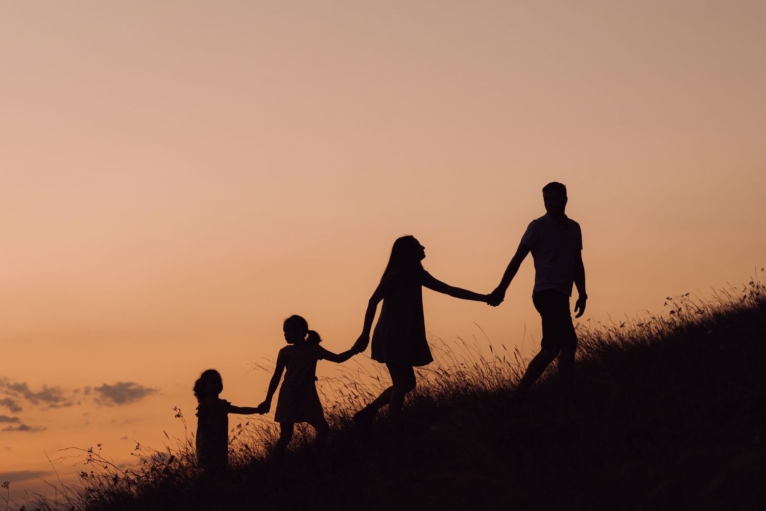 Silhouettes of a family holding hands while walking up a hill during sunset.