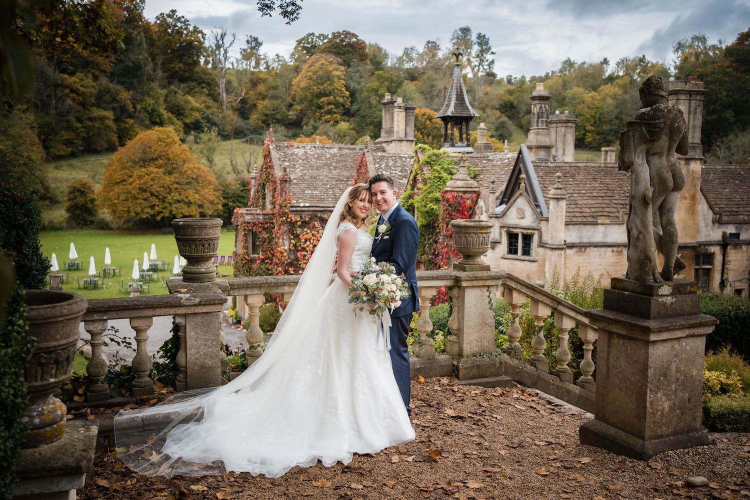 Zara Davis Wedding Photographer The Manor House Castle Combe Italian Staircase valley