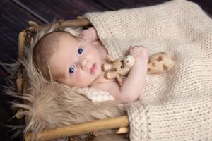 baby laid in basket holding a giraffe