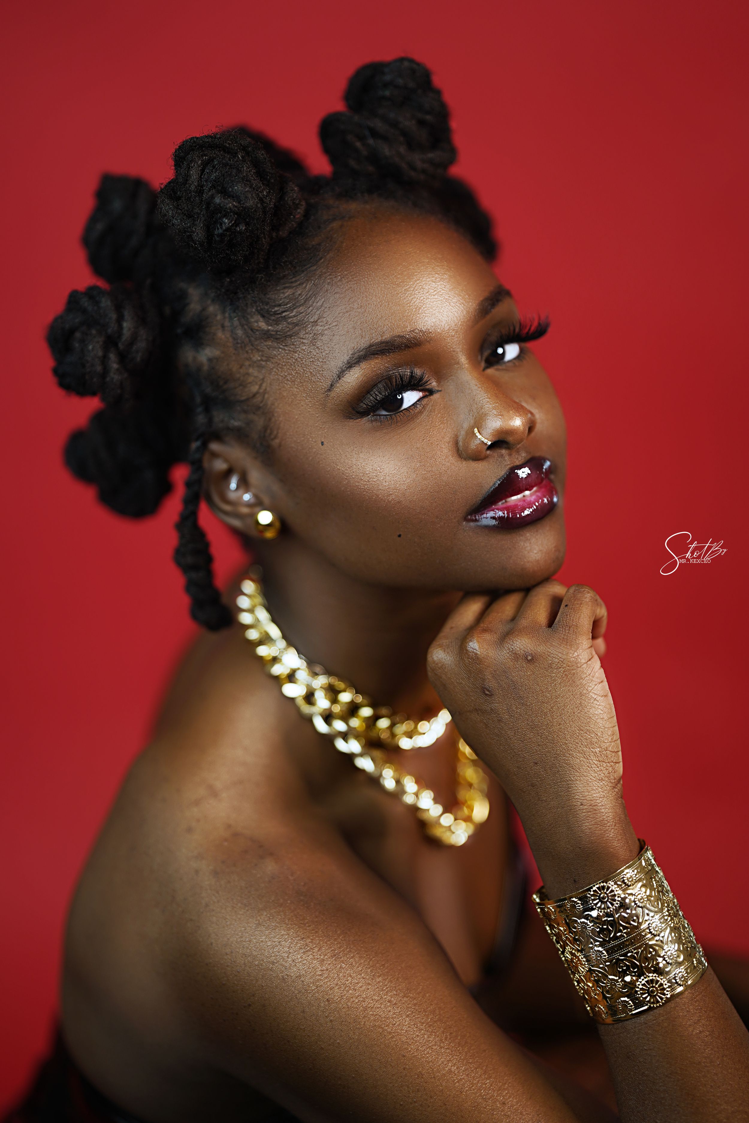 Elegant portrait with styled hair buns, gold jewelry and dramatic makeup against red backdrop.