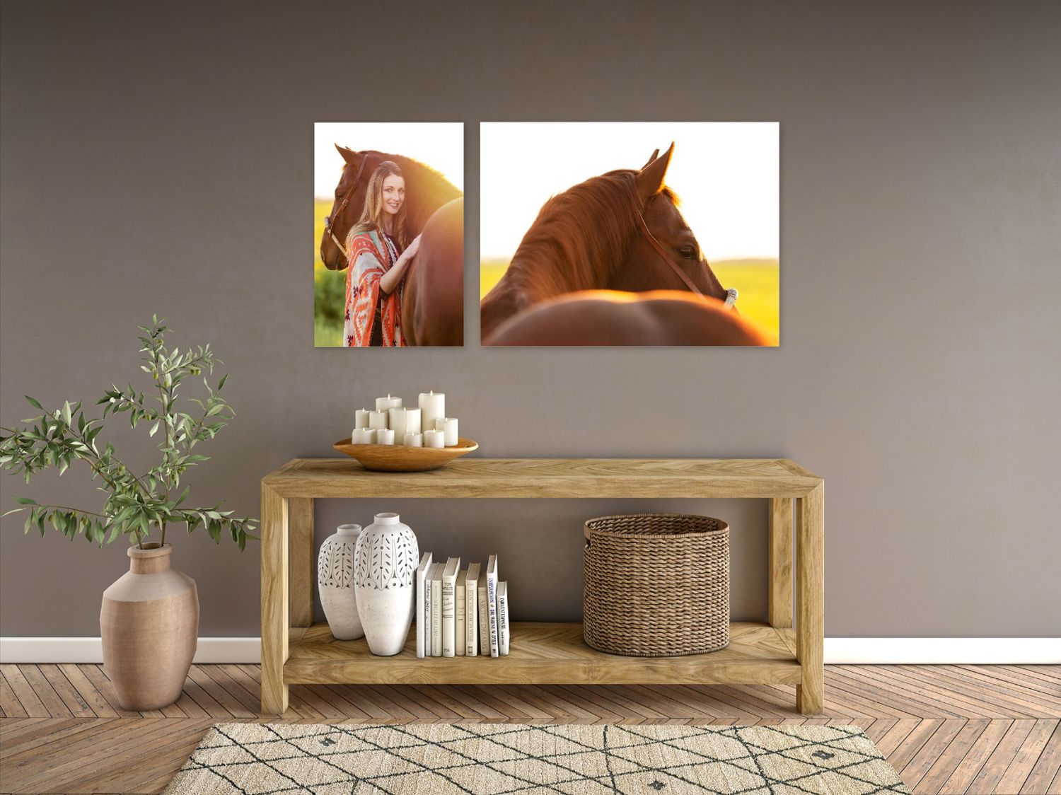 Horse-themed canvas prints displayed above rustic wooden console table with decor.