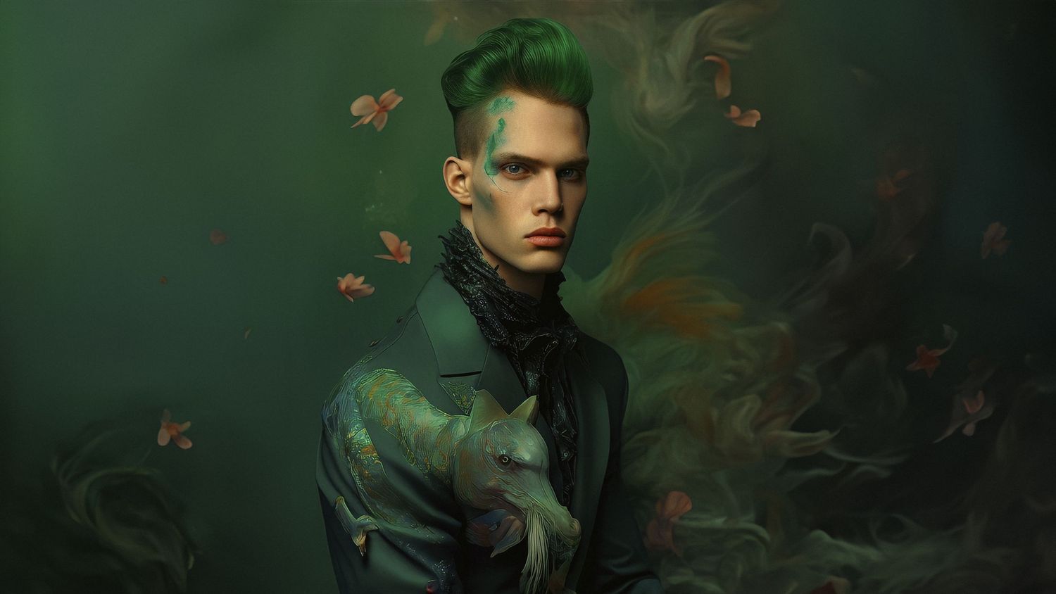 Artistic portrait in green tones with floating butterflies and moody lighting.