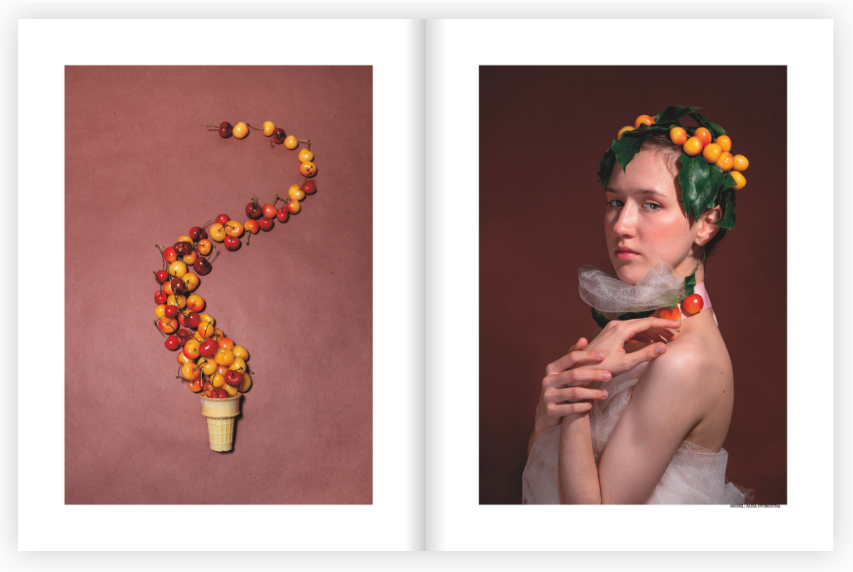 Poppn Magazine pages of published photography work, one has display of cherries, and second has a female portrait.