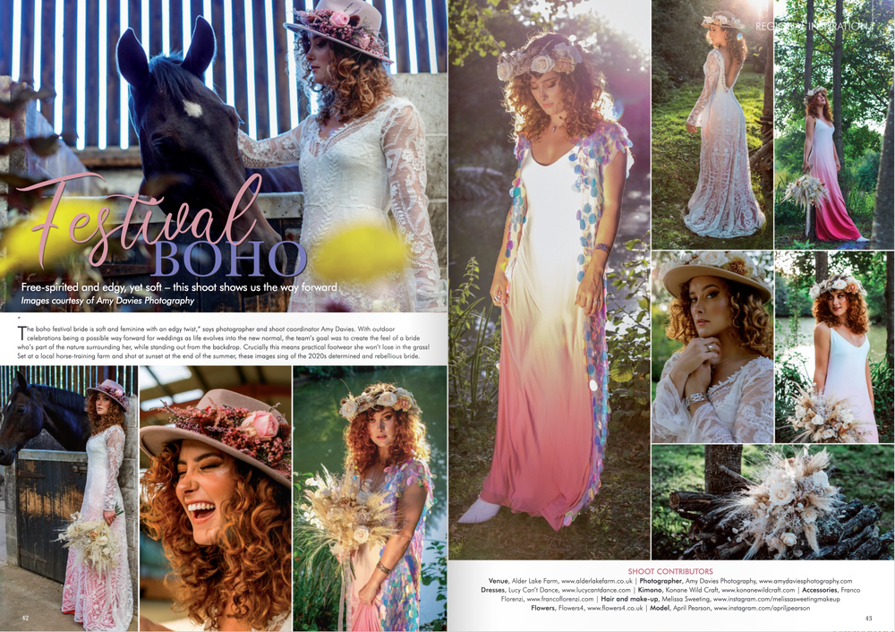 Festival boho wedding selection of April Pearson wearing pink and lace wedding dresses in Country Wedding Magazine.