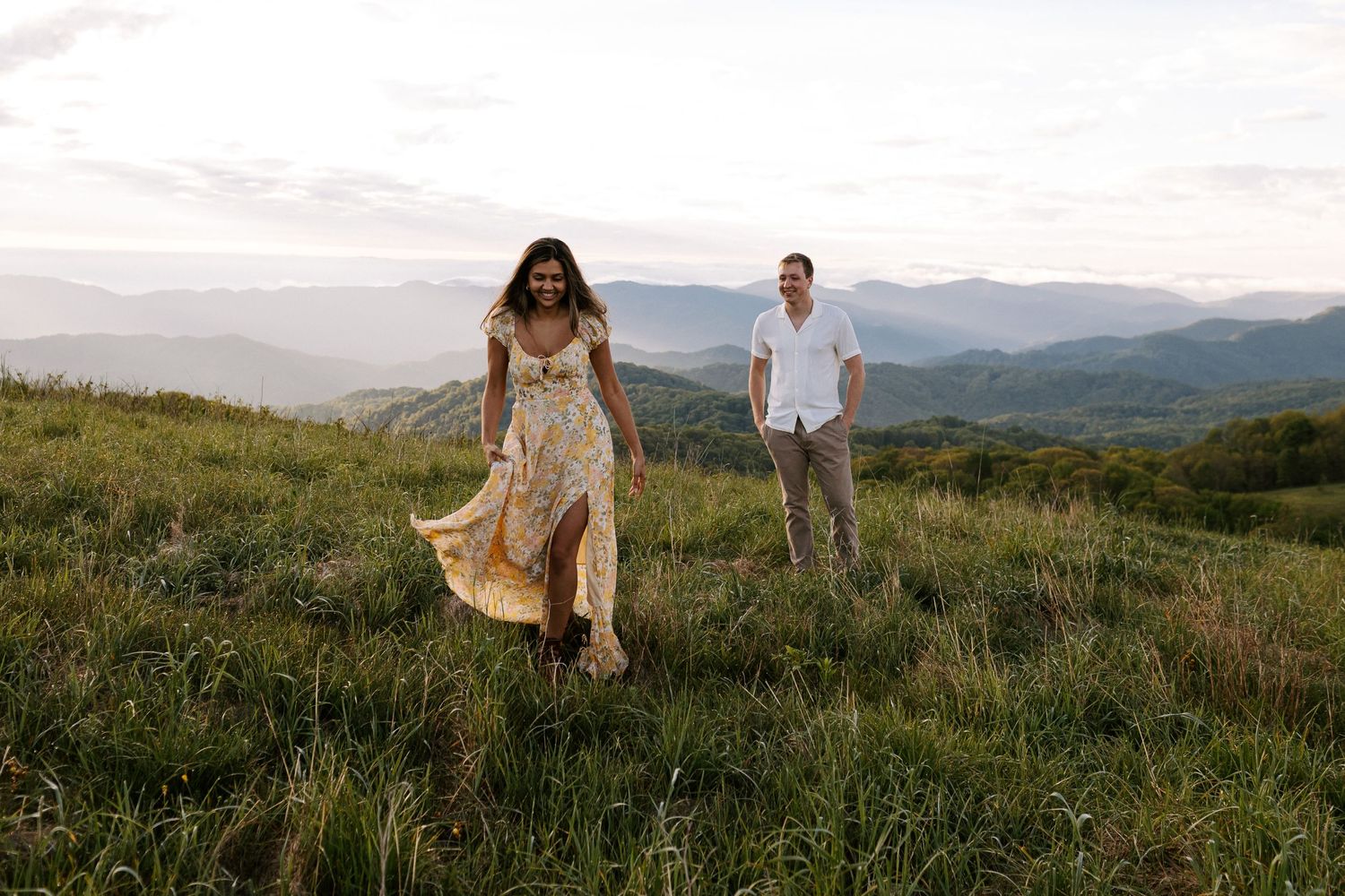 Max patch North Carolina hike sunrise engagement photo Rebekah sage flower dress