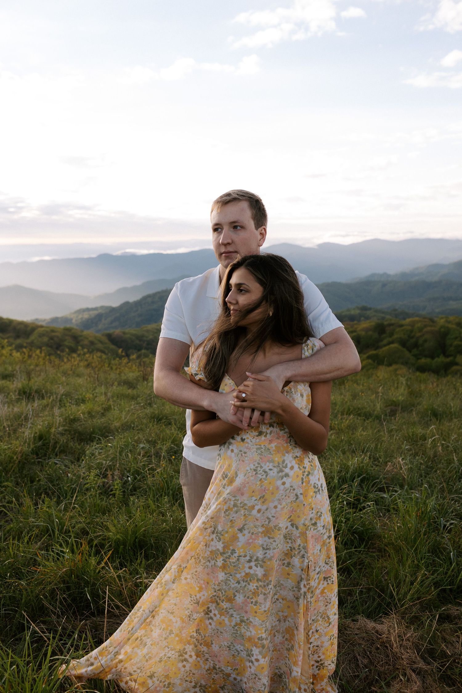 Max patch North Carolina hike sunrise engagement photo Rebekah sage flower dress