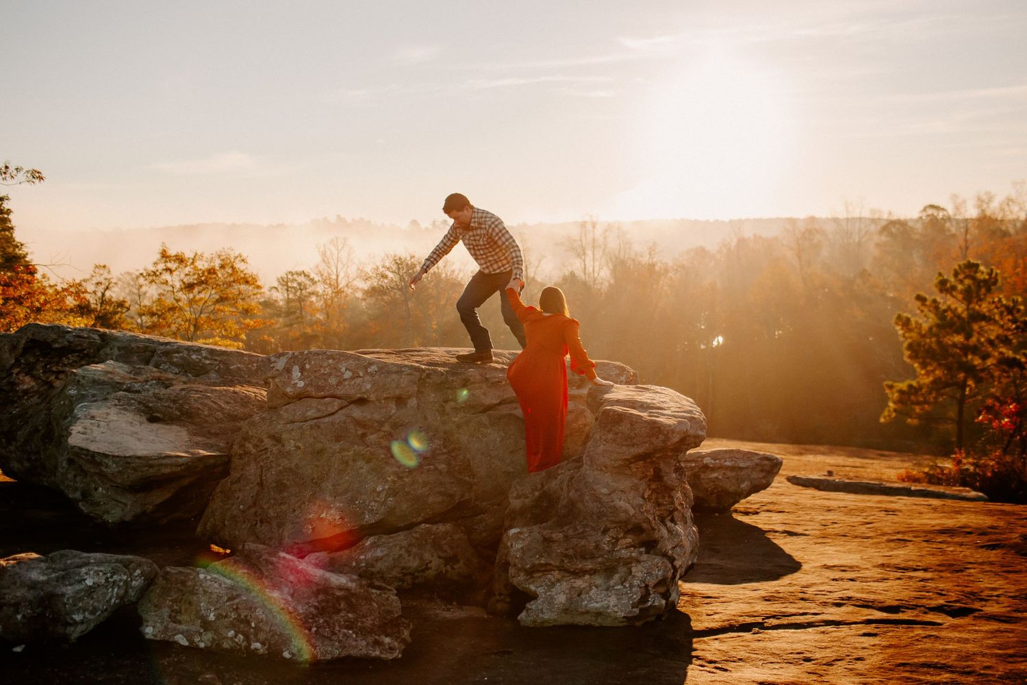Arabia Mountain engagement photos red dress sunrise Couple Atlanta Mountains
