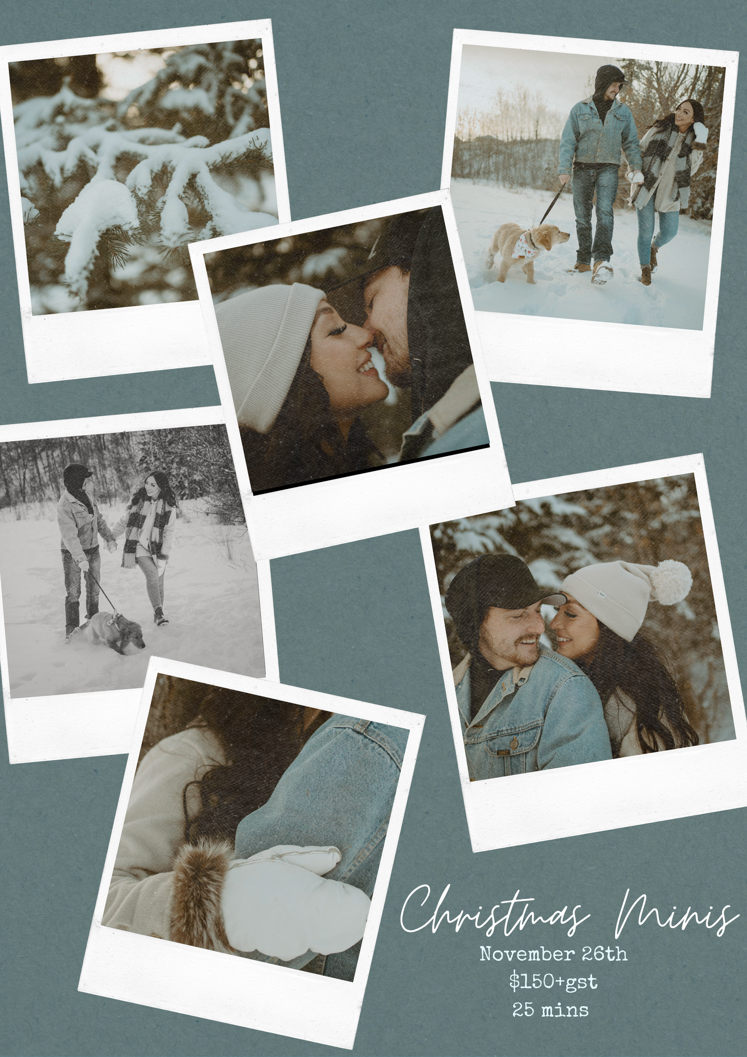 Collection of polaroid photos showing winter moments and Christmas memories arranged on grey background.
