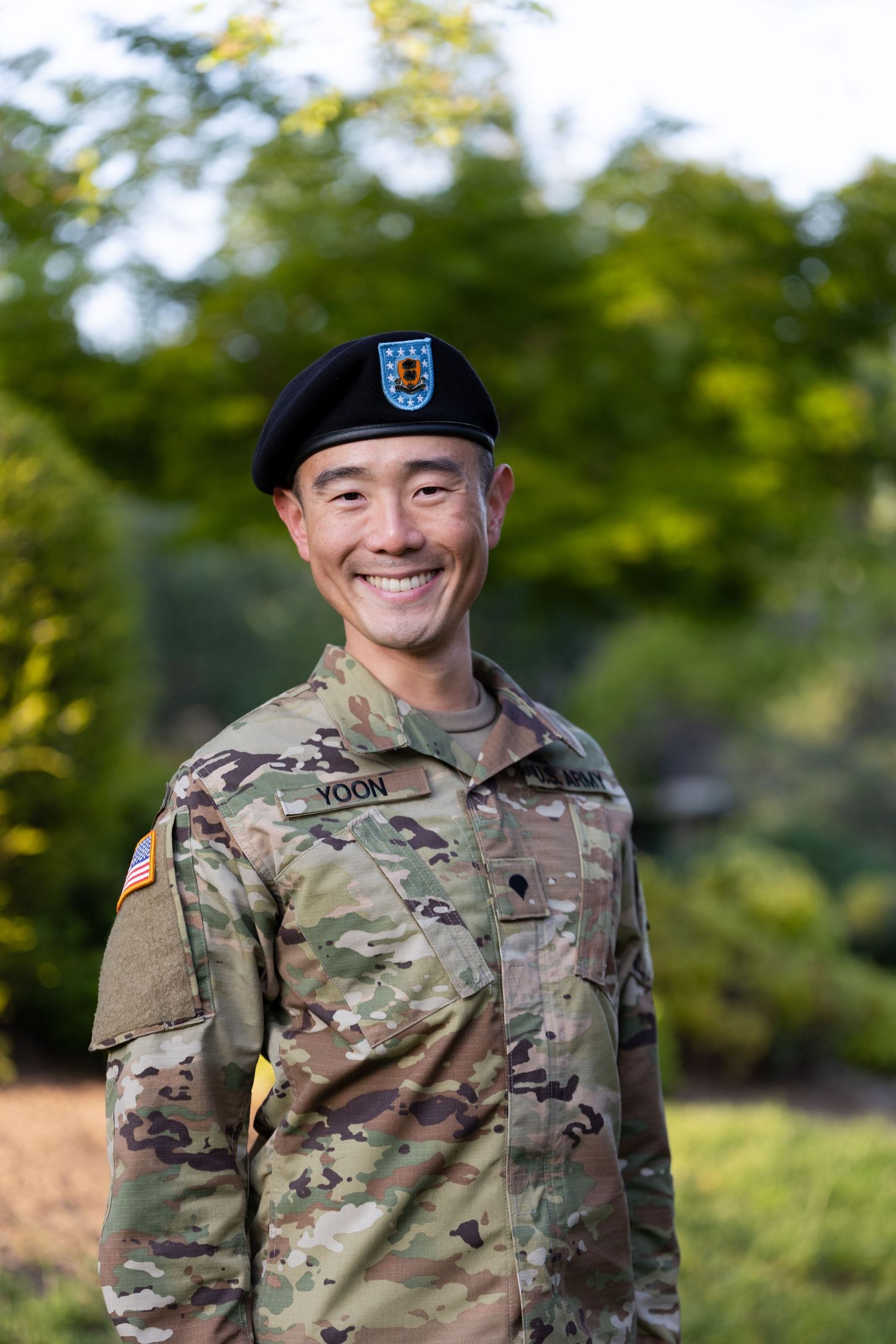 Headshot of man in army uniform with trees in the background in Folsom, California