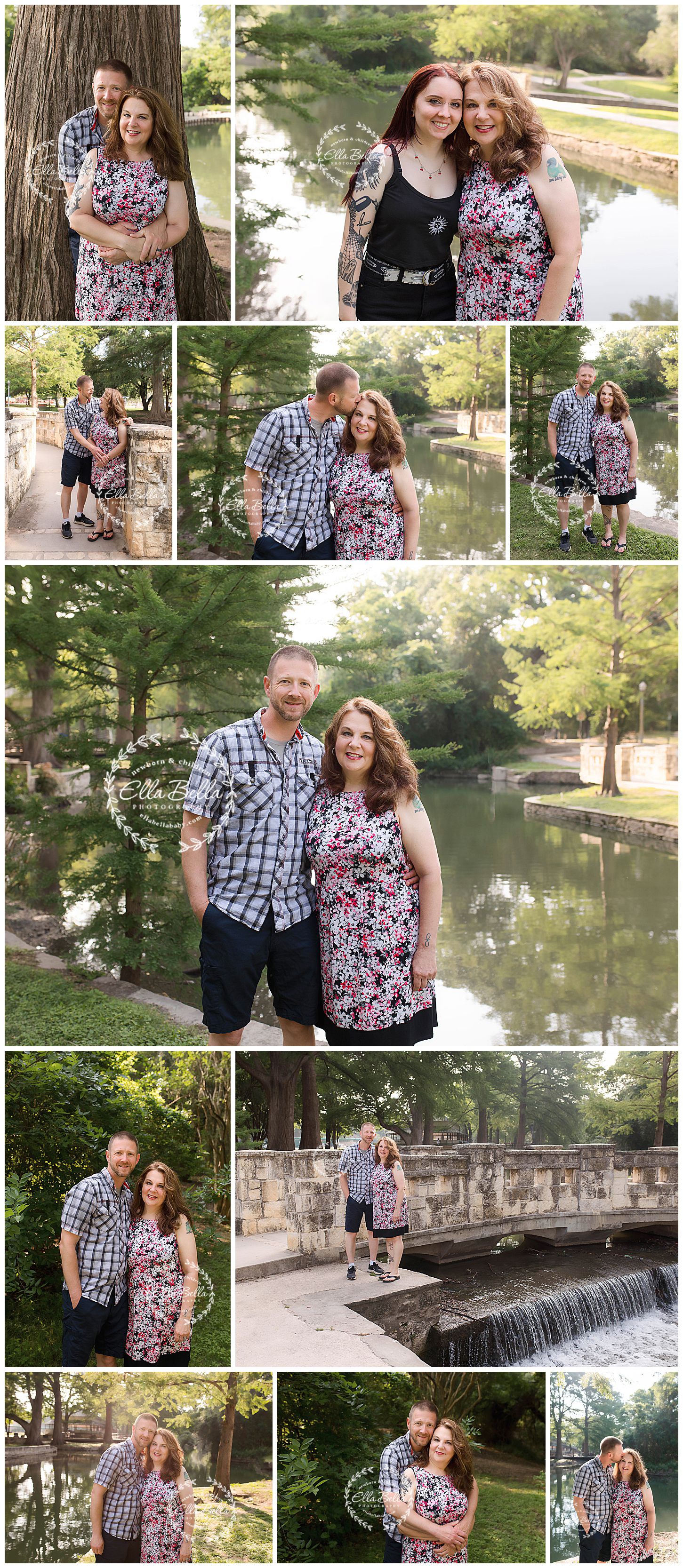 Romantic couples photoshoot by a lake with waterfall and stone bridge features.