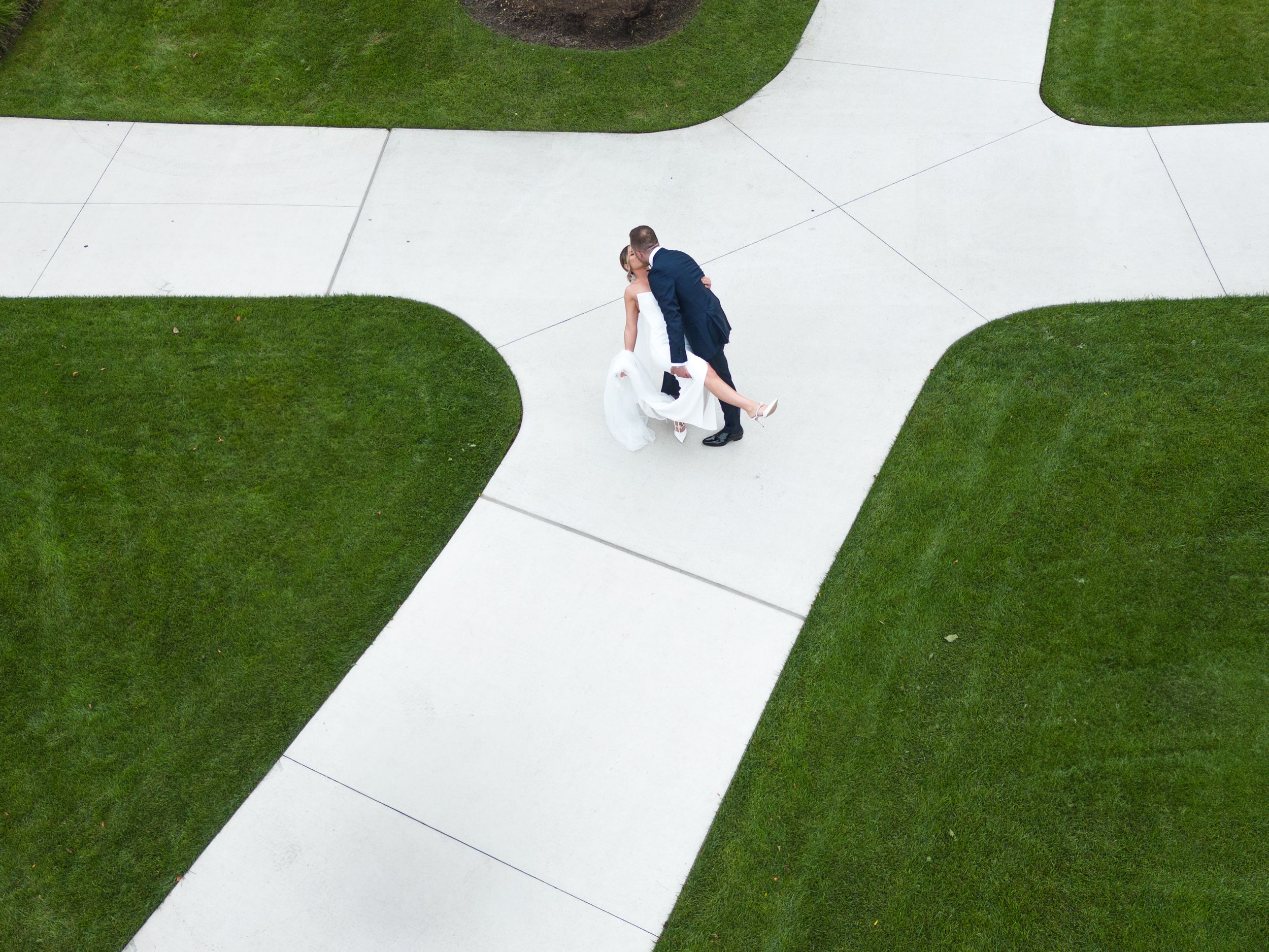 A drone photo from a wedding photography shoot in Centennial Commons Park in Royal Oak, MI