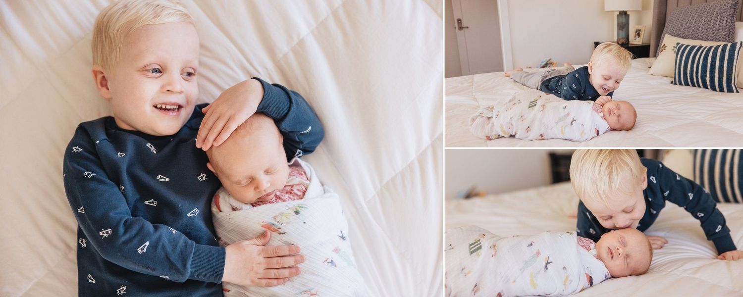 Sweet sibling interaction captured on white bedding during an indoor photoshoot.