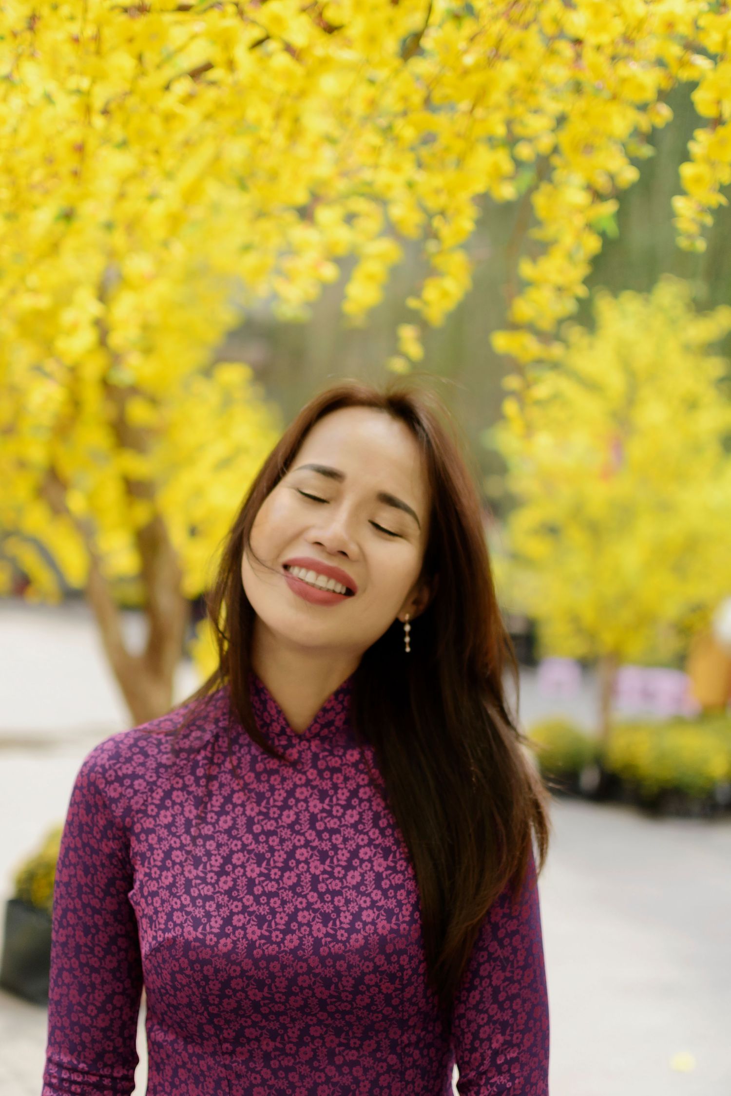 Tet photoshoot under yellow apricot blossoms in Thanh Nien Cultural House by photographer Anastasia Sokyrka in Saigon
