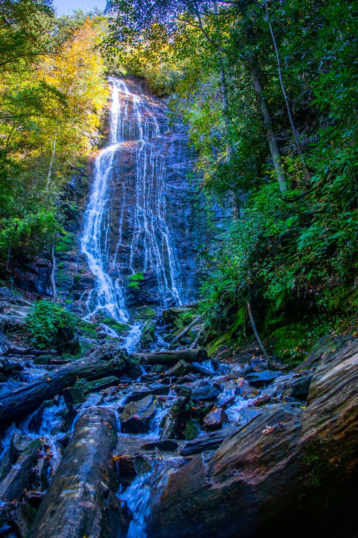 Majestic waterfall cascades down a rocky cliff face surrounded by lush green forest.