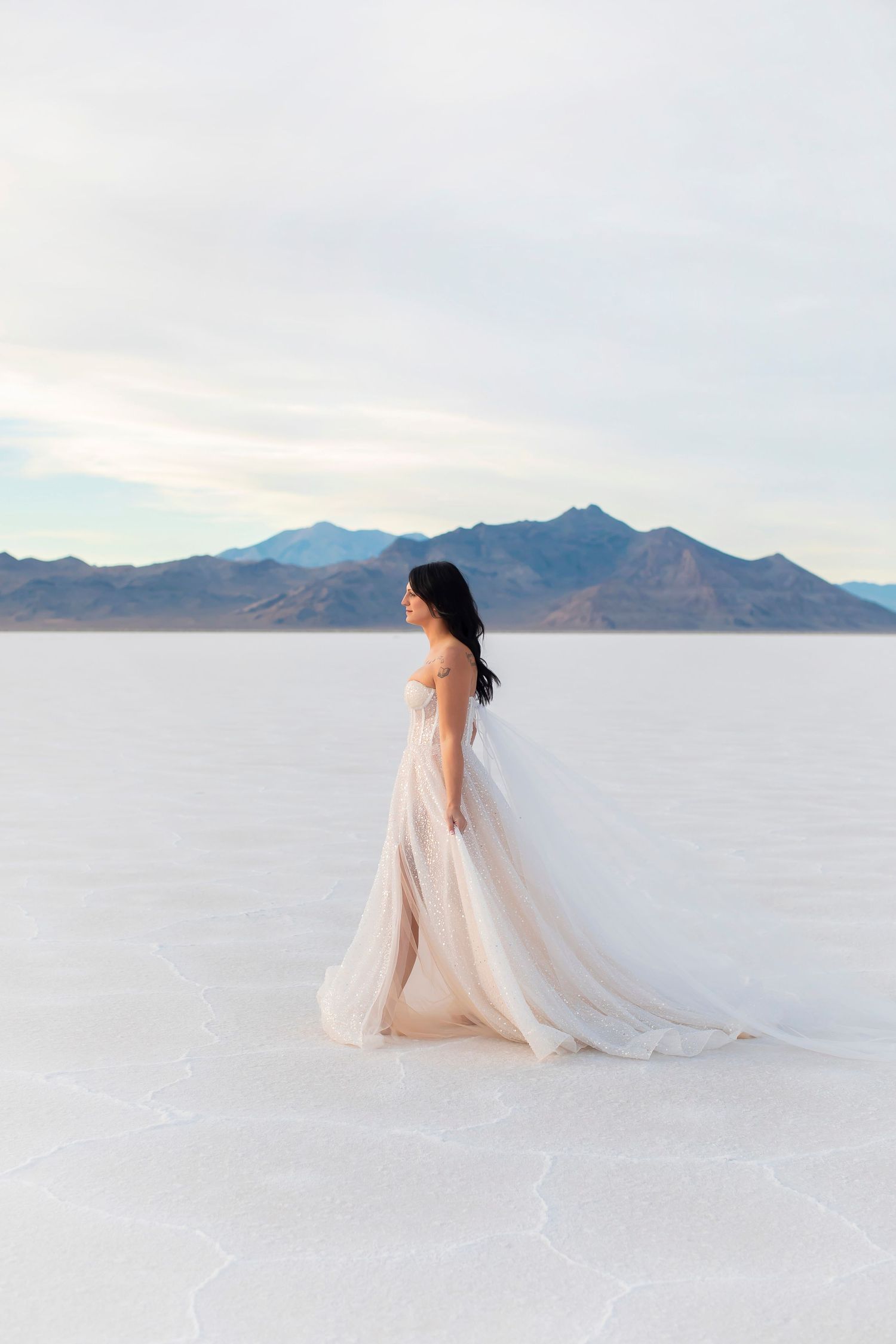 Bride in flowing champagne gown standing on white salt flats with mountains in distance.
