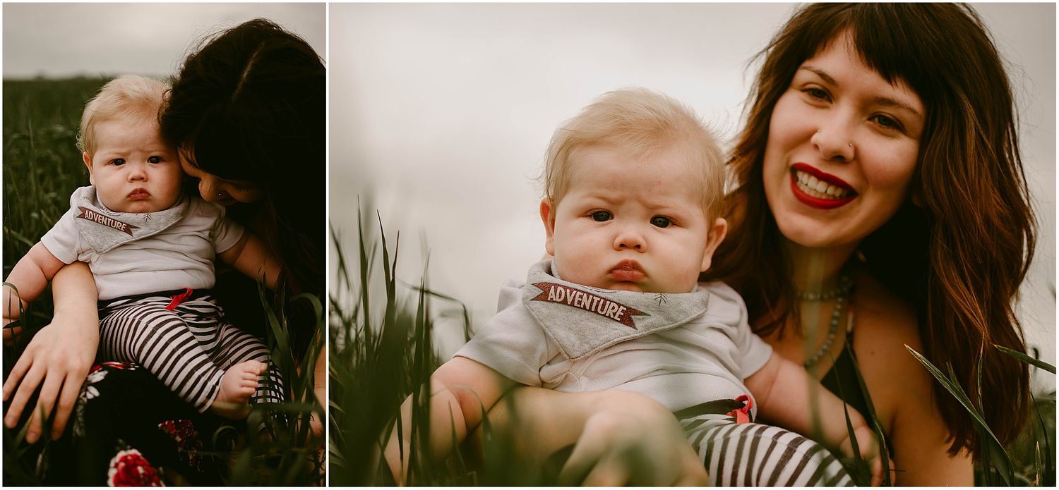 An intimate outdoor portrait shows tender moments between a caregiver and infant in casual summer attire.