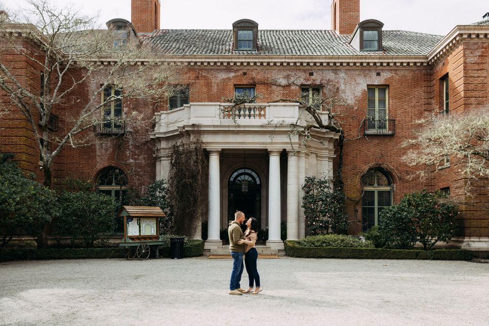 Bay Area Bridgerton-inspired engagement pictures with historic house.