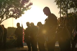 Silhouettes of wedding guests gathered outdoors during golden hour sunset.