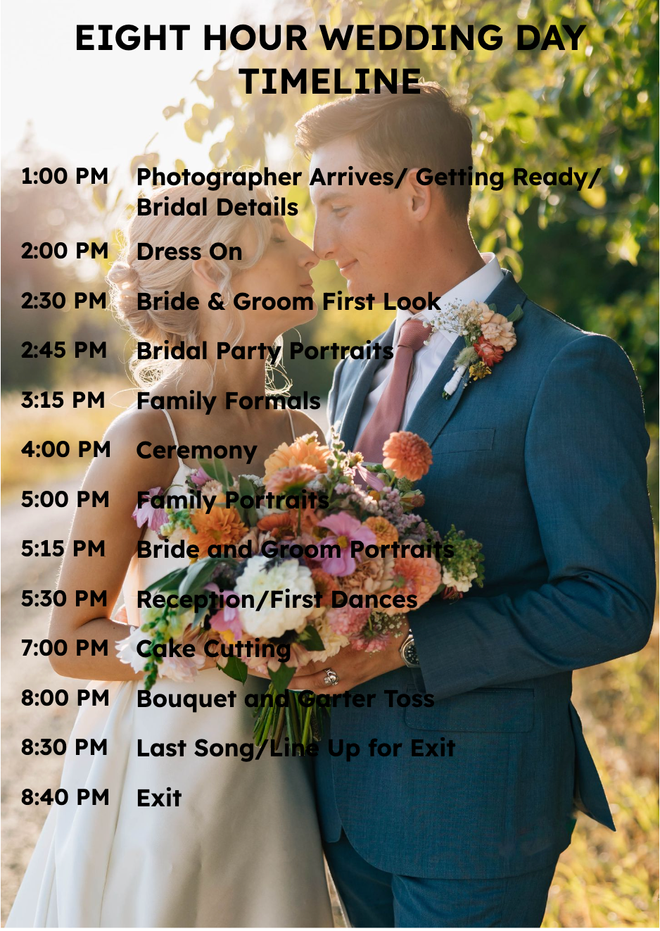 Eight hour wedding day photography timeline infographic with couple portrait.