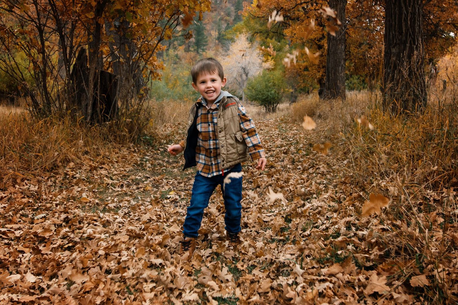 A child wearing a plaid vest and jeans stands in fallen autumn leaves among trees with orange foliage.