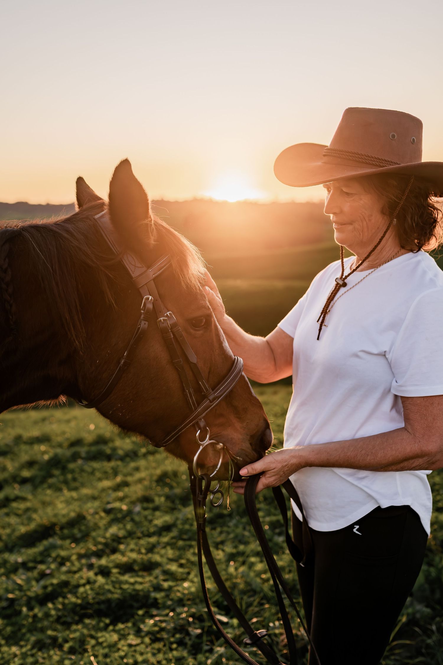 Horse and rider sharing tender moment during golden sunset in pastoral setting.