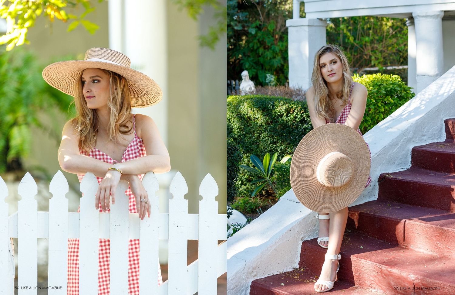 Fashion photography featuring gingham dress and sun hat against white picket fence.