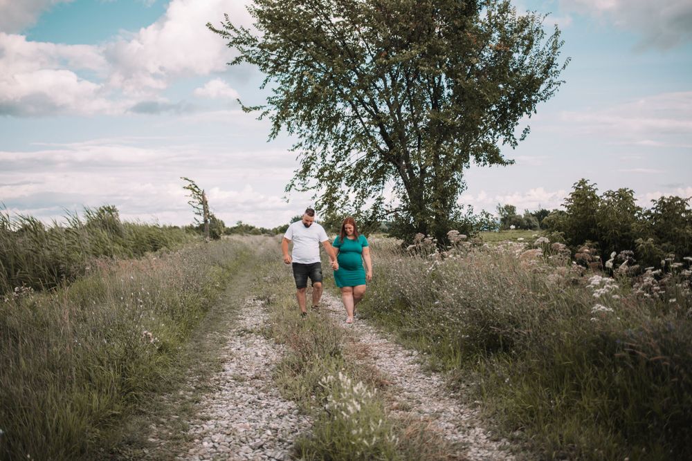 A walking path winds through a natural landscape with grass and trees under a cloudy sky.