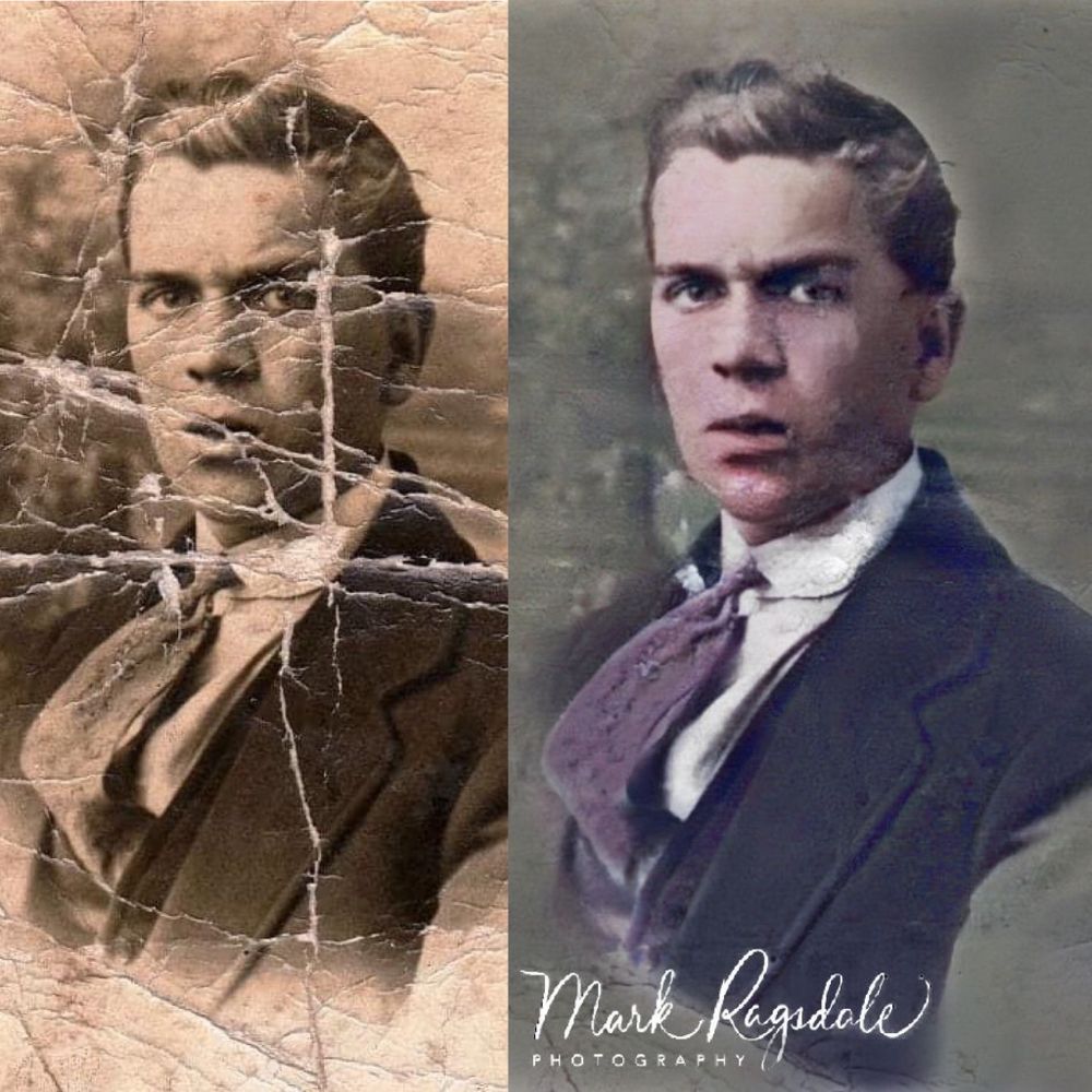 A black and white vintage photograph showing before and after restoration of a damaged formal portrait.