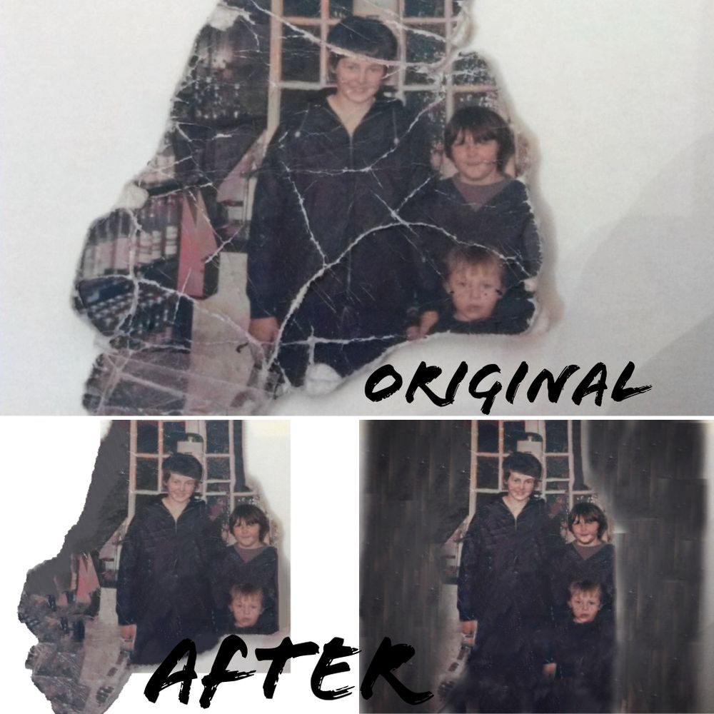 A comparison showing original torn photograph and its digital restoration side by side.