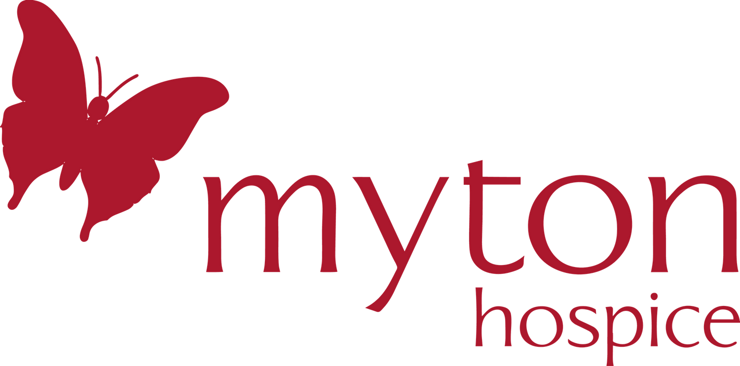 Red butterfly logo for Myton Hospice with text against white background.