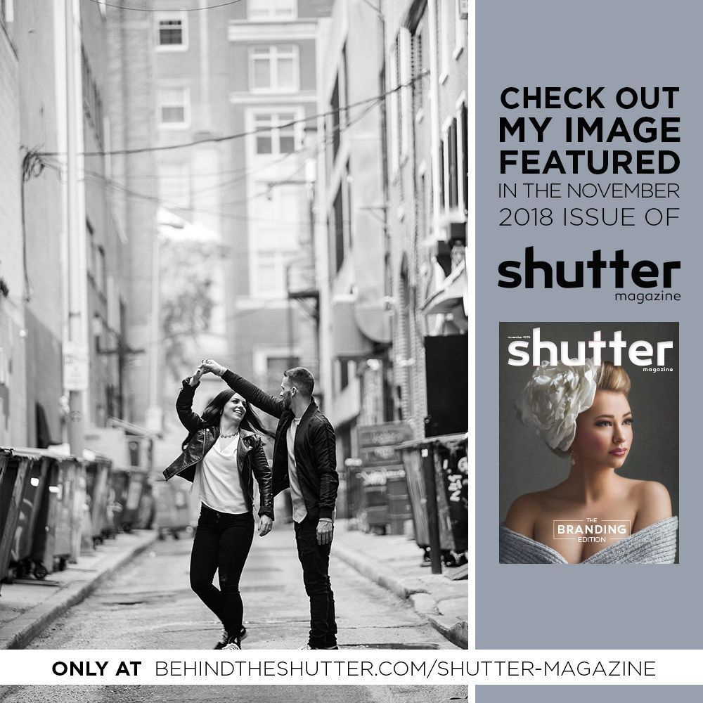 Black and white urban photography promotion showing dancers in an alley with magazine cover mockup.