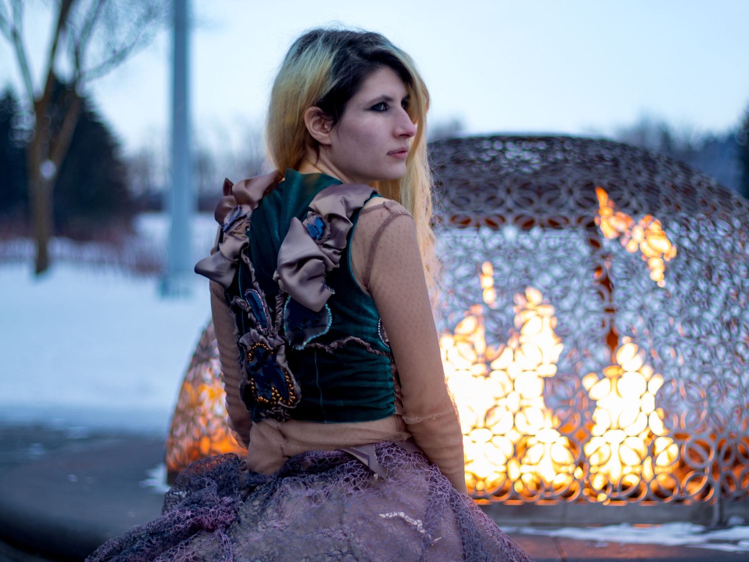 hawrelak park winter fashion near a fireplace, Edmonton, Alberta, Canada