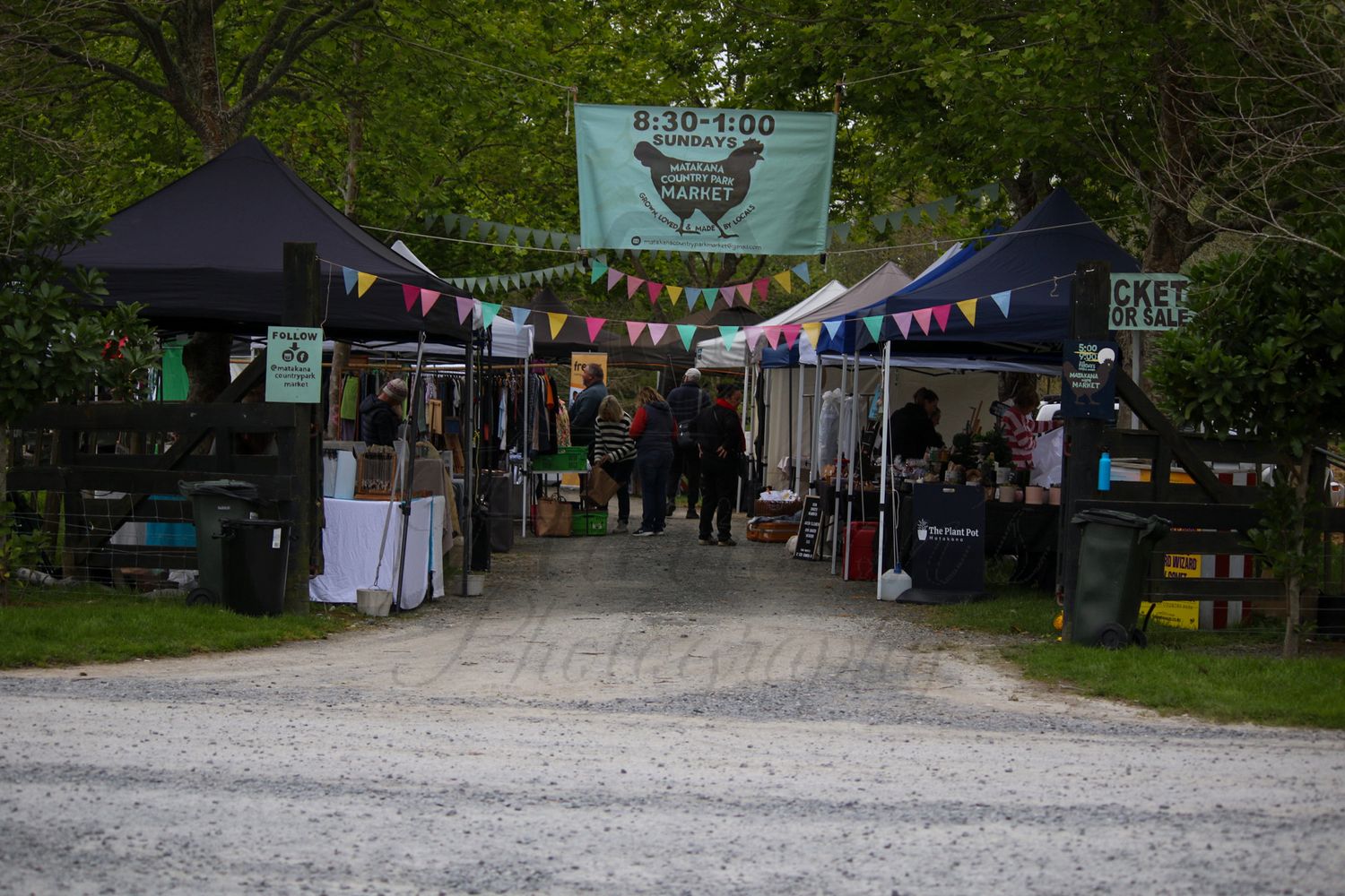 Outdoor market with colorful bunting flags and vendor tents lining a gravel path surrounded by green trees.