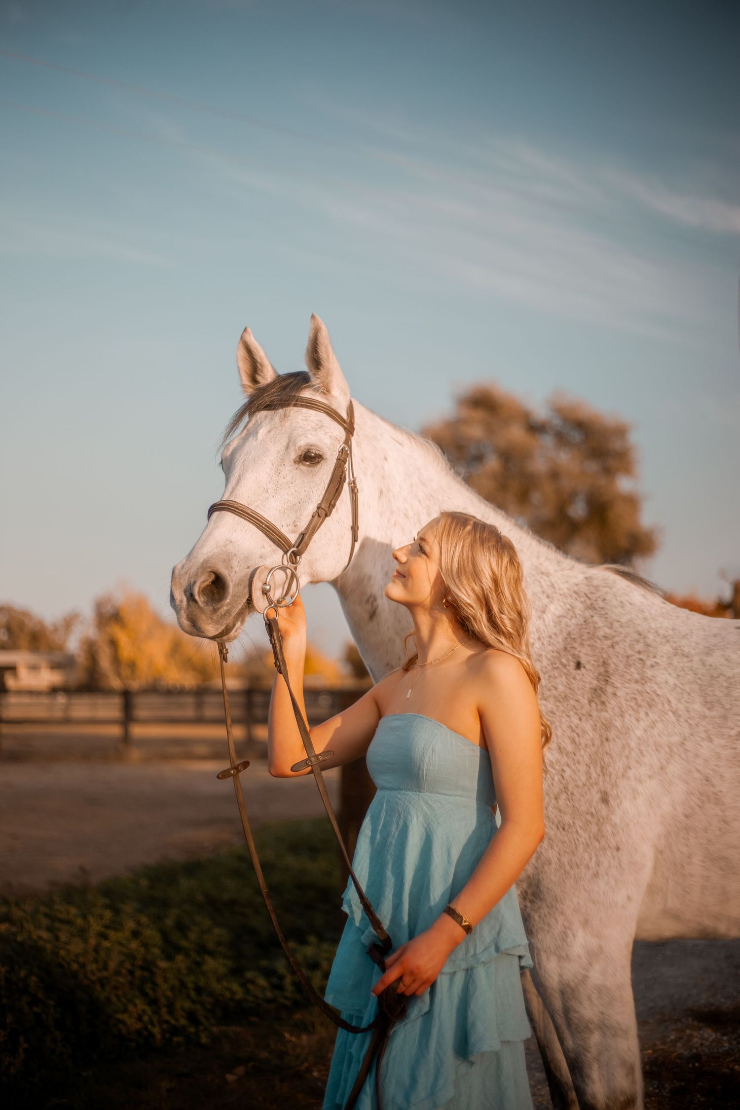 Woman in blue dress standing beside white horse during sunset.