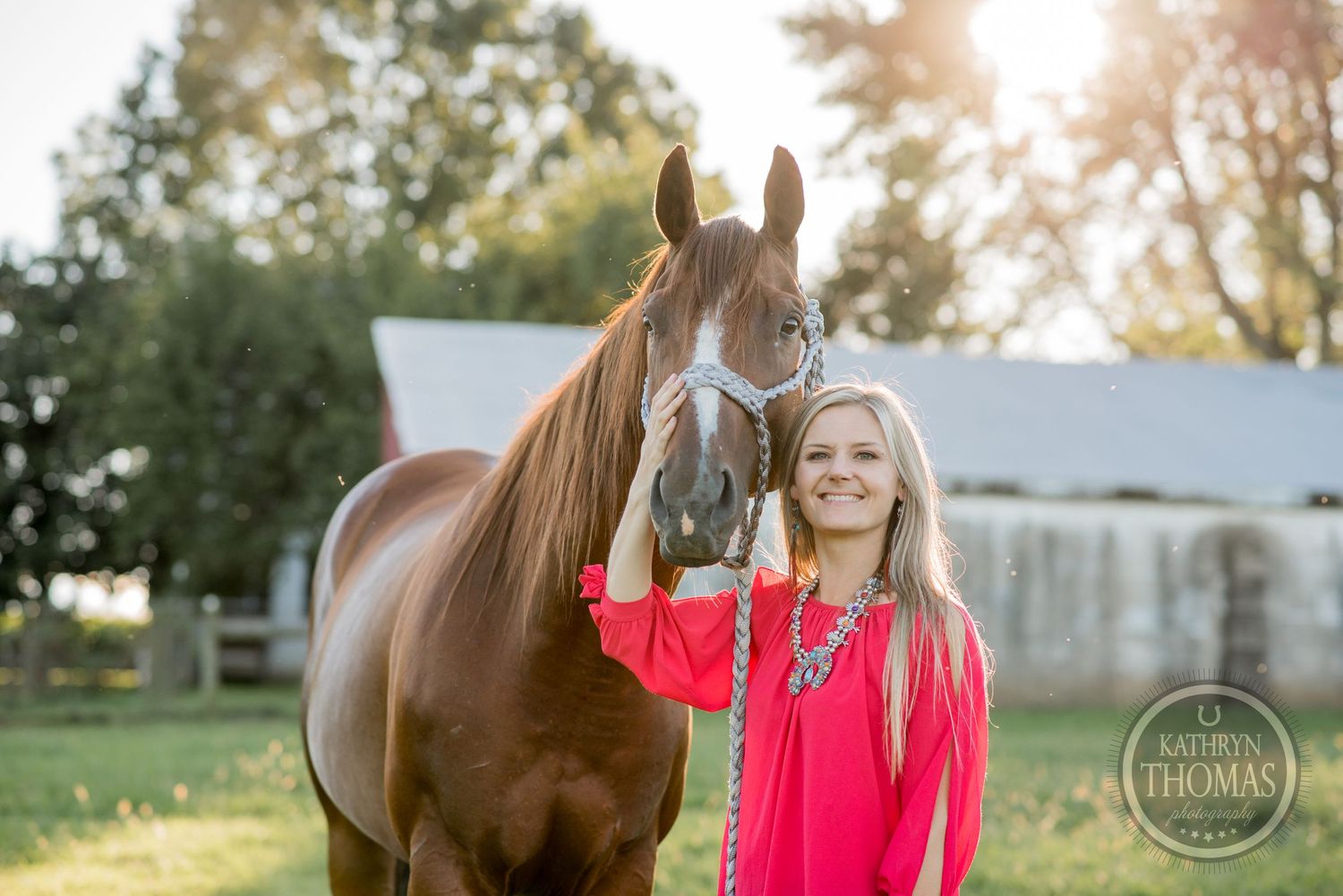 A brown horse and companion share a sunny moment in front of a white barn.