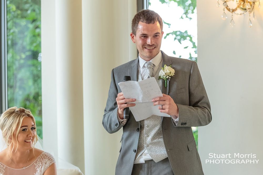 Grooms smiles during his west tower wedding speech. Ormskirk wedding venue photographer.  Lancashire weddings.