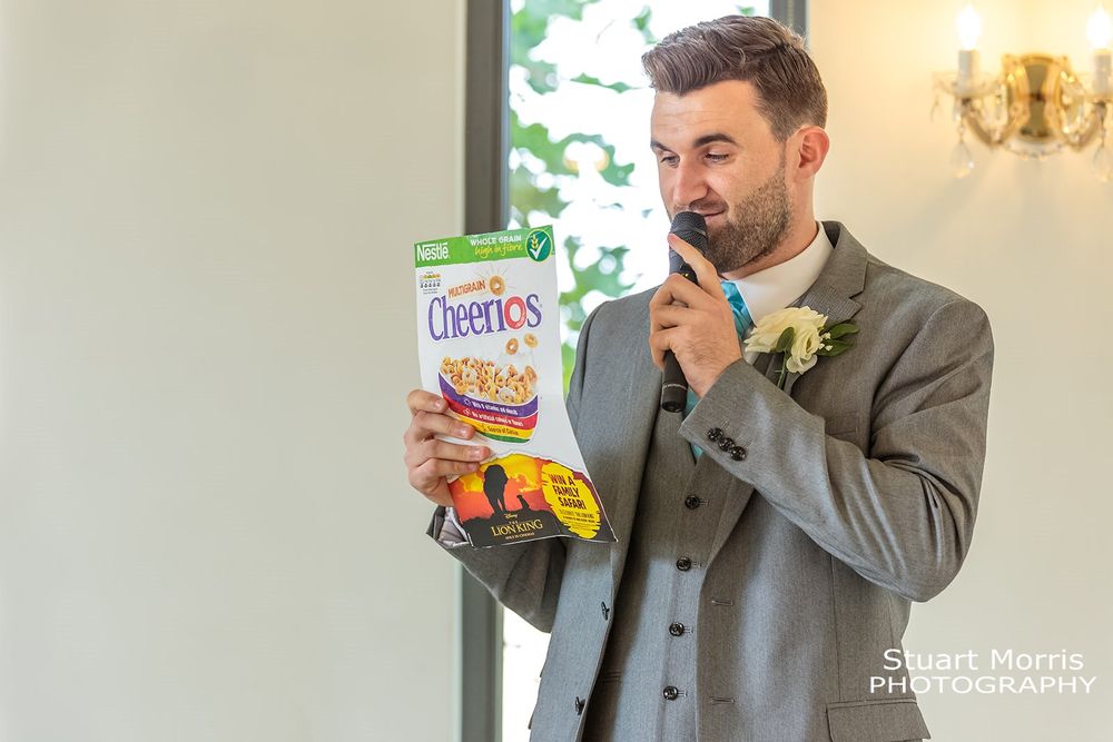 Best man reads his speech off the back of a box of cheerios. West tower wedding photographer. Lancashire wedding venue.