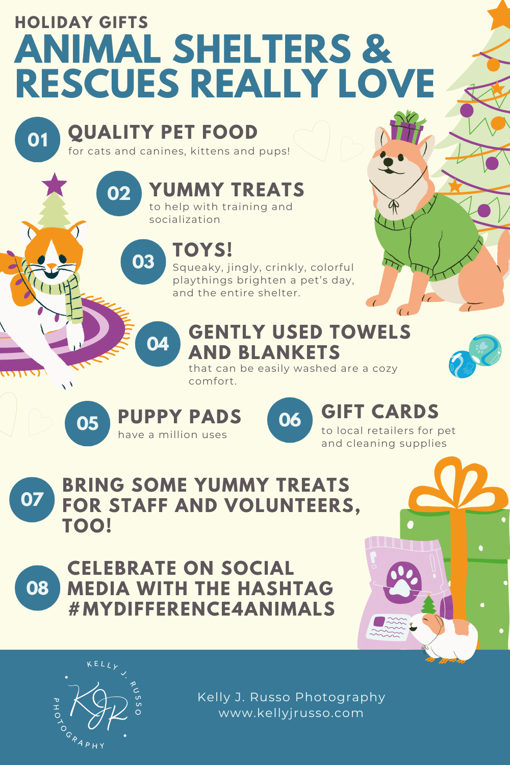 Infographic showing 8 holiday gift ideas for animal shelters with cute cartoon dog illustrations.
