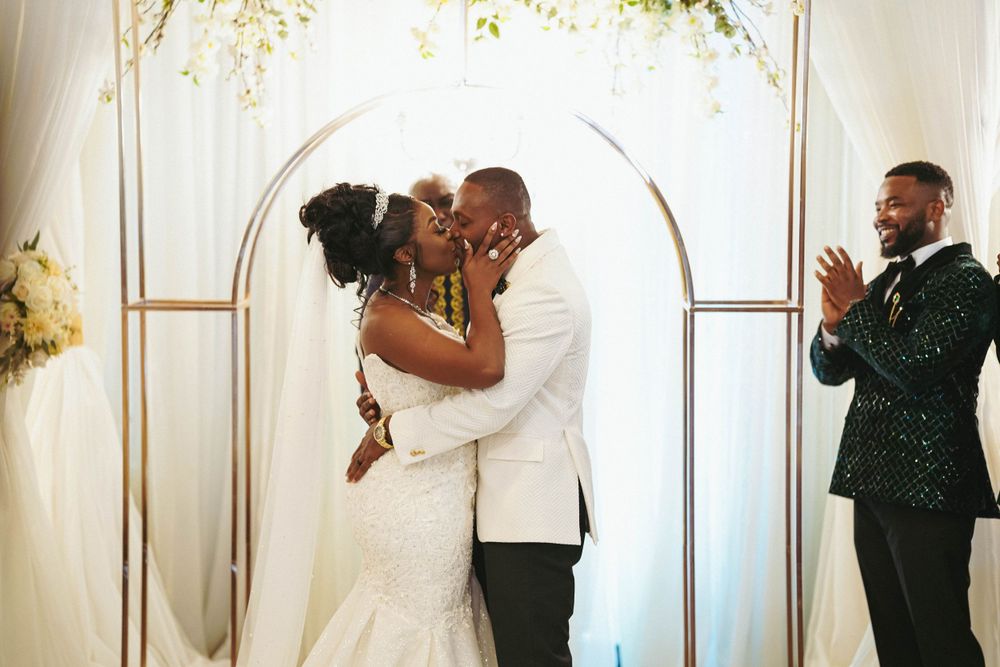 Wedding ceremony sequence showing celebratory moments under an elegant white arch with floral decor.