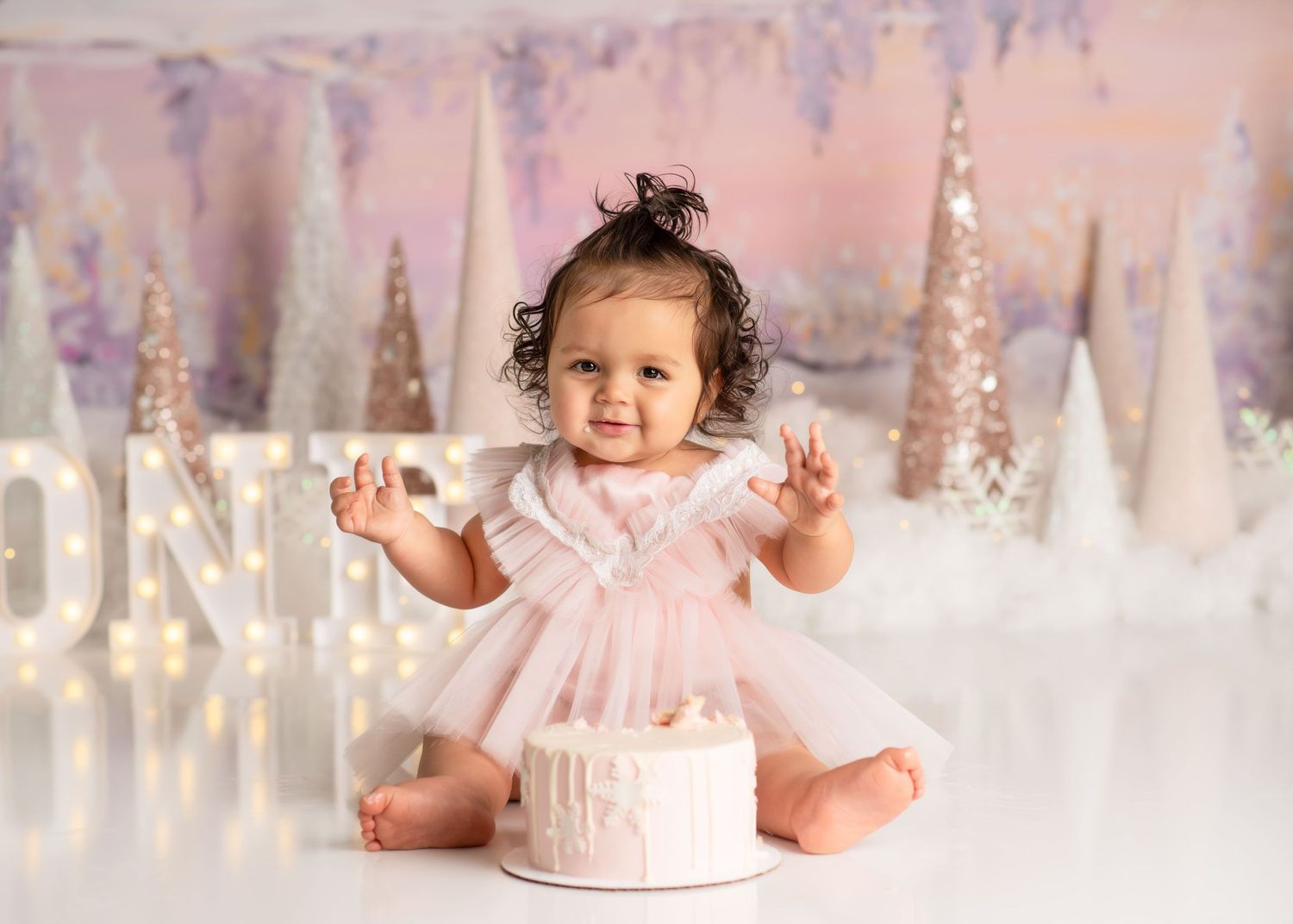 a baby sits in front of a smash cake winter onederland themed for a photoshoot