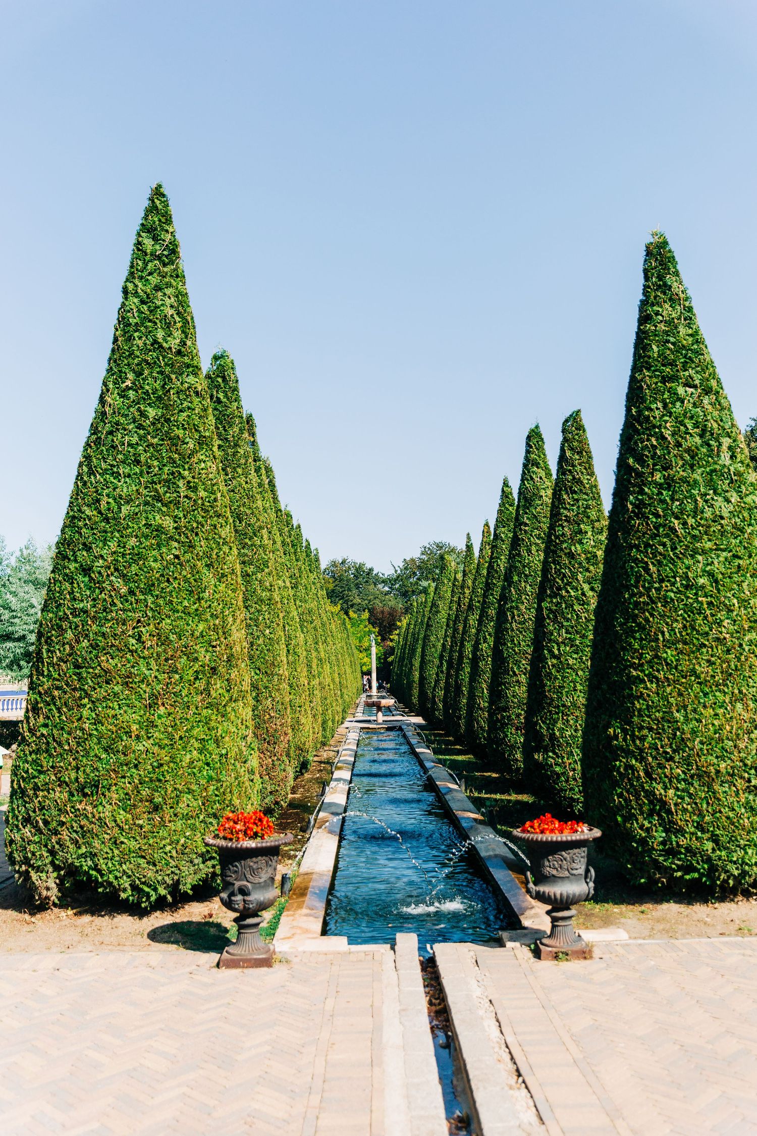 Formal garden path with symmetrical topiary trees and a reflecting pool lined with ornate planters.