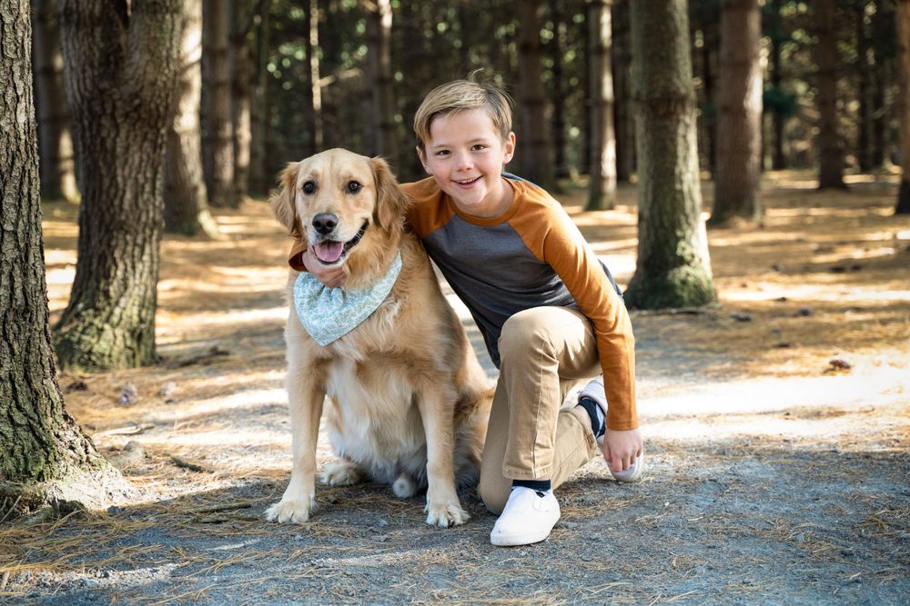A friendly Golden Retriever and companion pose together on a trail surrounded by tall pine trees.