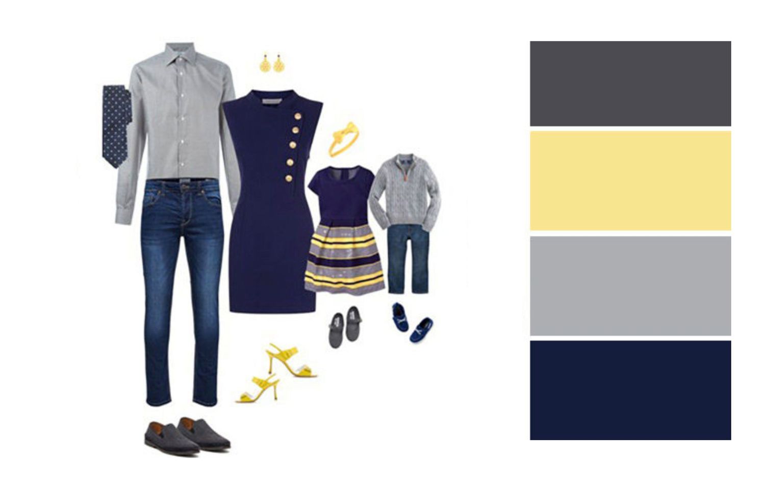 Spring family outfit coordination guide featuring navy, yellow and gray color schemes.