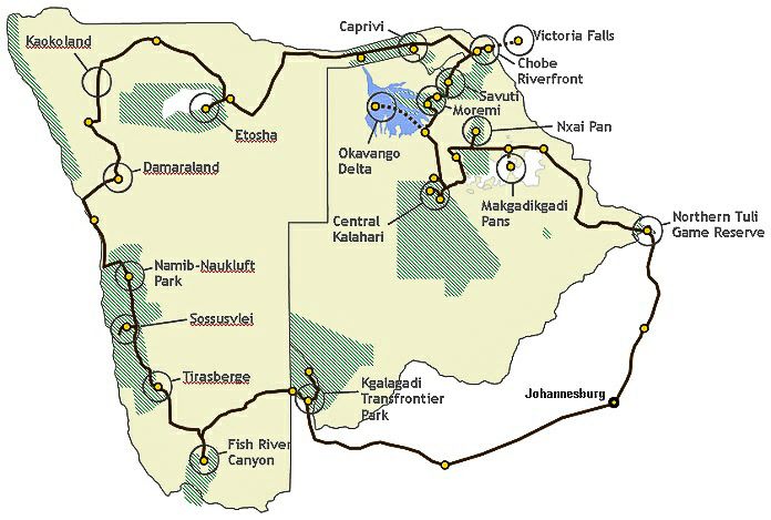 Detailed map showing national parks and points of interest in Botswana with routes marked.