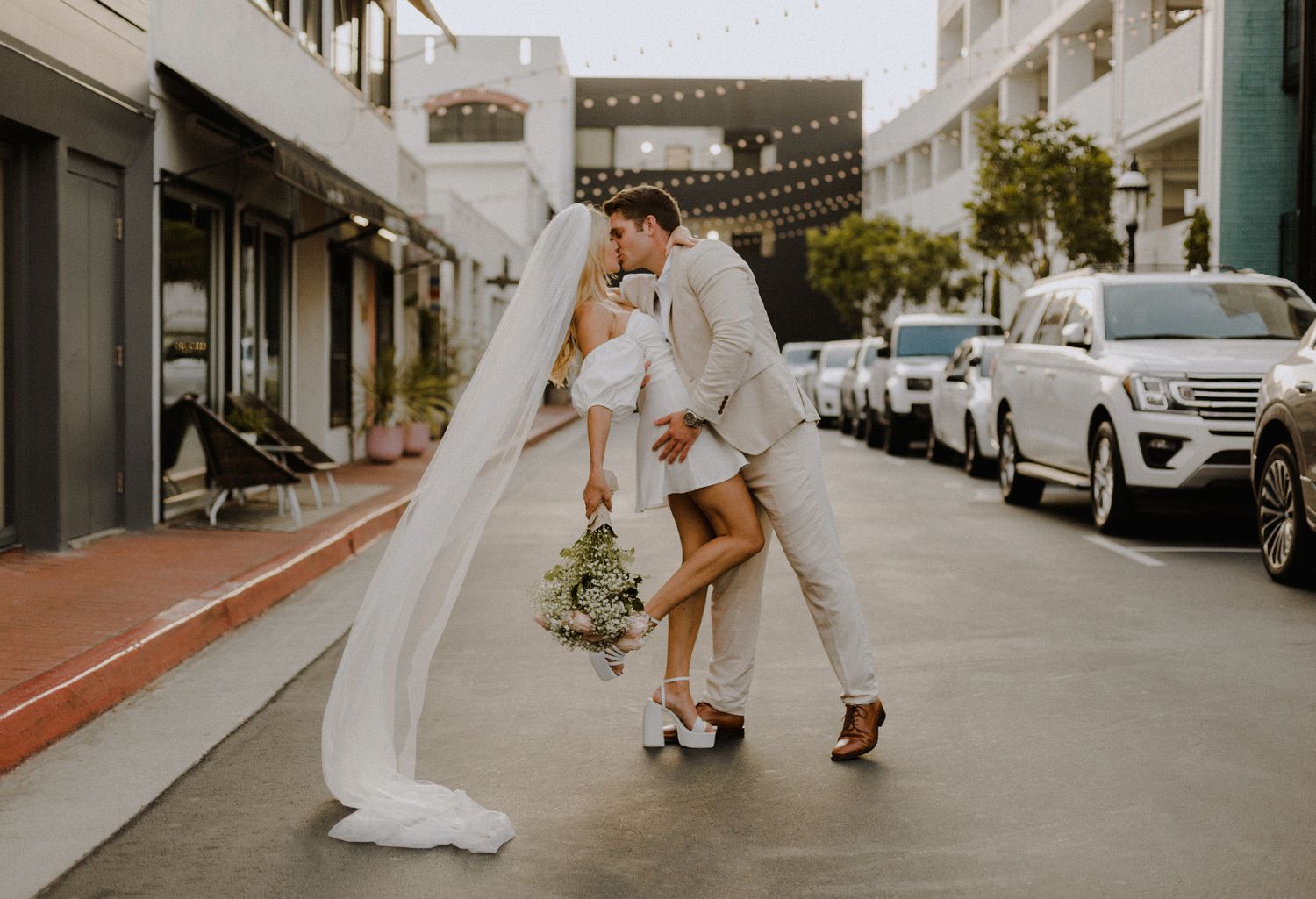 35mm film photo of fun bridal themed engagement shoot in Lido Marina, Newport beach