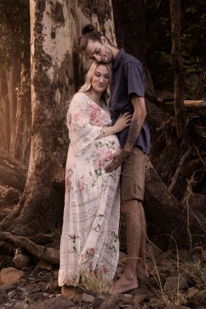 golden hour Couples maternity photoshoot in Moorina woodland and creek