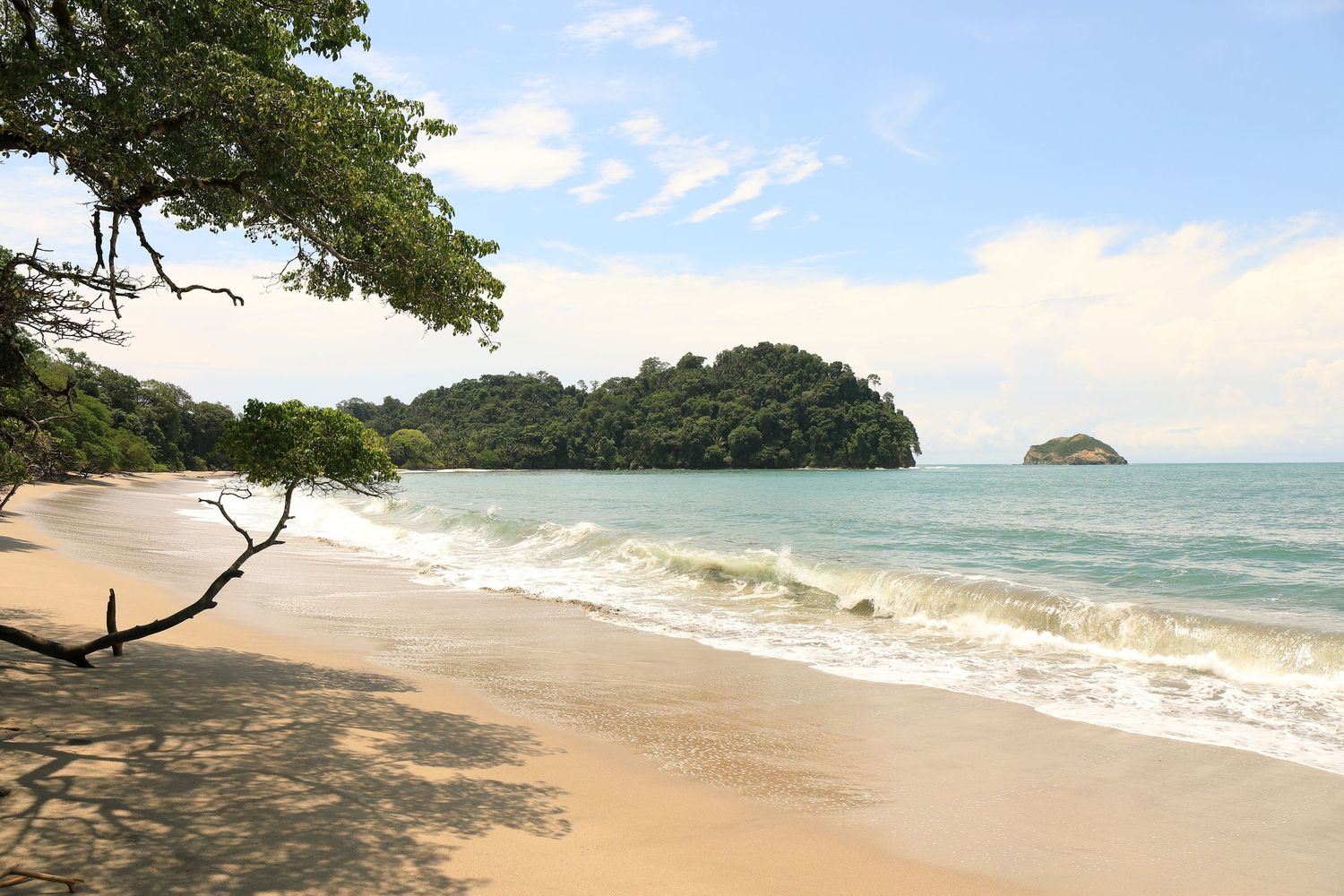 Secluded beach cove with turquoise waters and lush tropical vegetation.