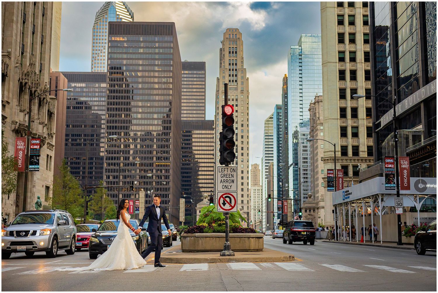 Downtown Chicago wedding photo with skyscrapers and urban landscape as backdrop.