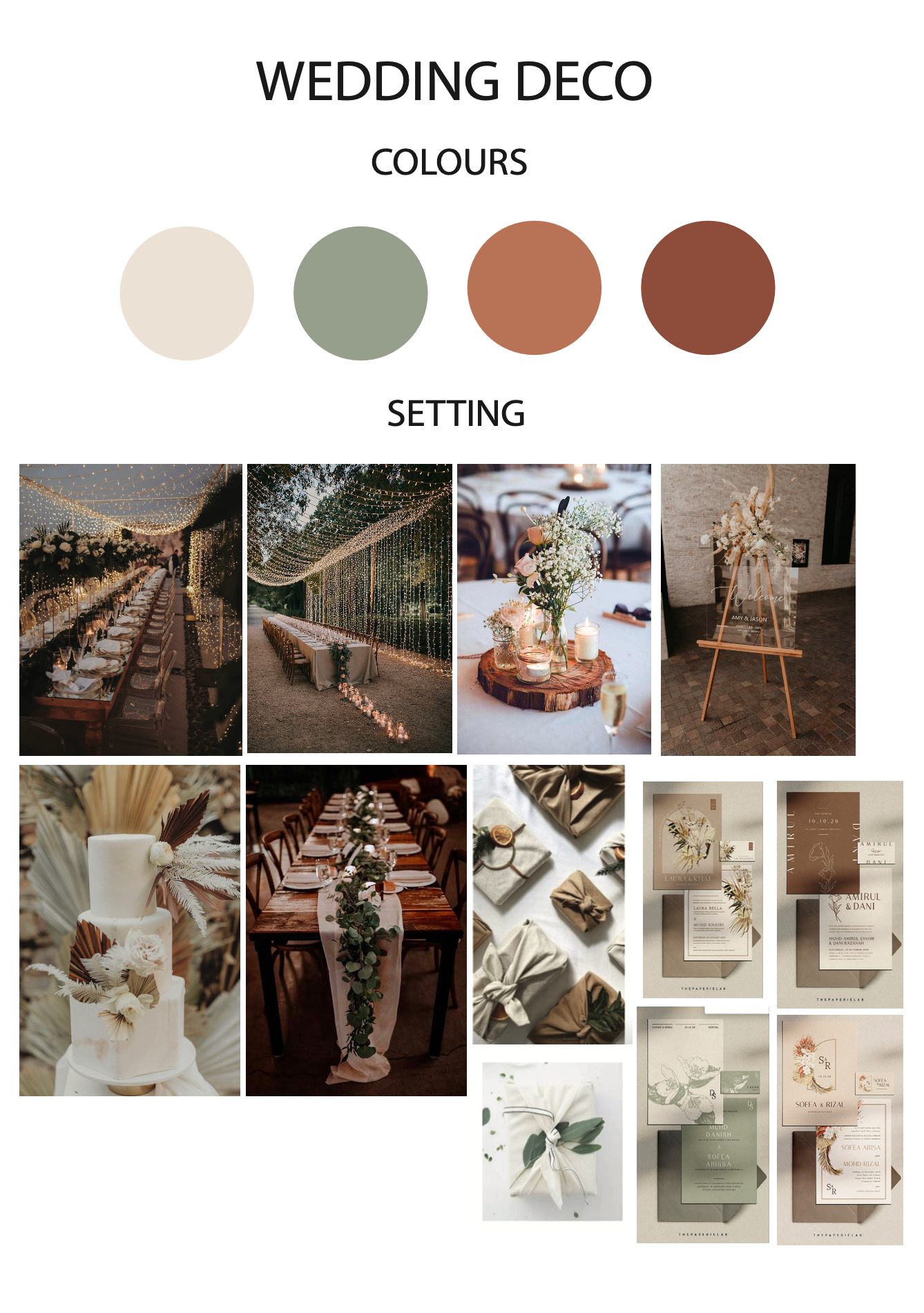 Wedding decor mood board featuring neutral earth tones and rustic reception setting inspiration.